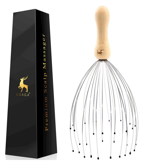 Masseur de tête USAGA à 32 doigts avec poignée ergonomique en bois premium