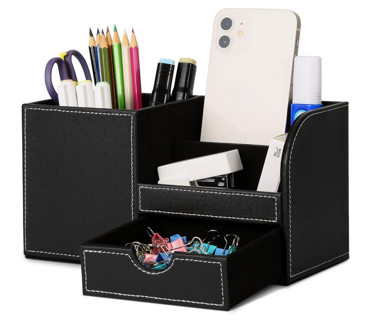 Organisateur de bureau GORESE en cuir PU noir avec 4 compartiments de rangement